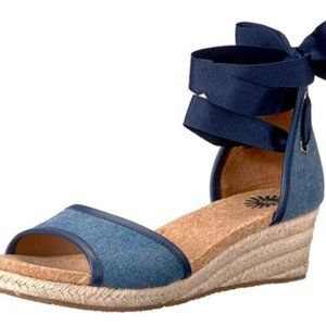 Ugg Blue Denim Wedge Espadrilles Cork Sandals Wrap Around Ankle Zip Up Backs